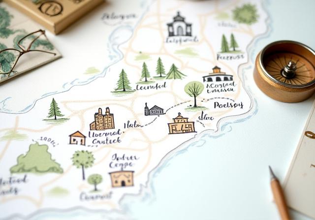 A hand-drawn map for a wedding event, featuring calligraphed location names.