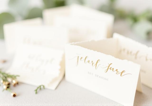 A collection of beautifully calligraphed place cards on handmade paper.