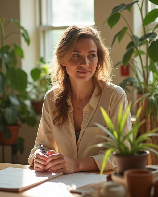 The founder of Verdant Script in her sunlit studio, surrounded by plants and calligraphy tools.