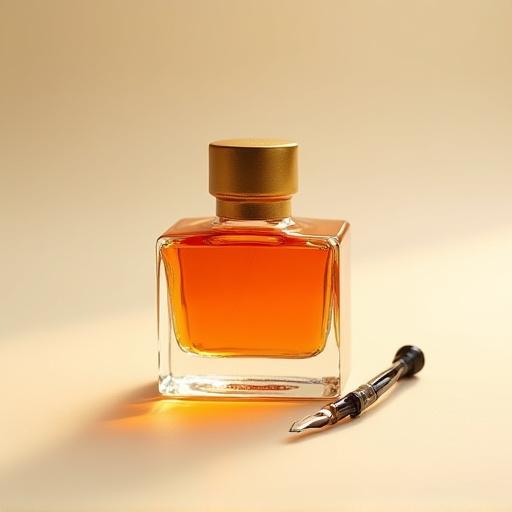 A beautiful glass bottle of rich amber-colored calligraphy ink.
