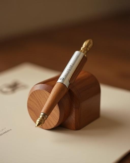 A beautifully crafted wooden oblique pen holder.