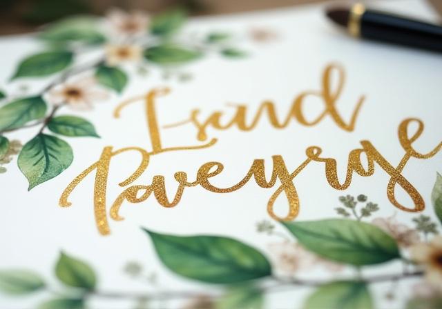 A finished piece combining watercolor leaves with gold calligraphy.
